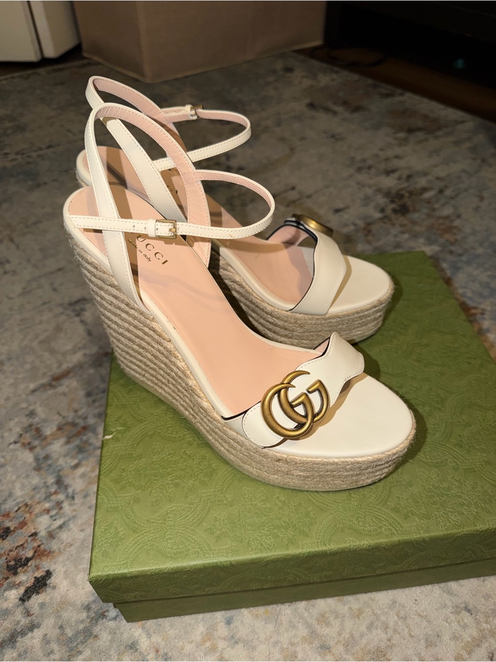 Gucci Cream Leather Double G Espadrille Wedge Sandals